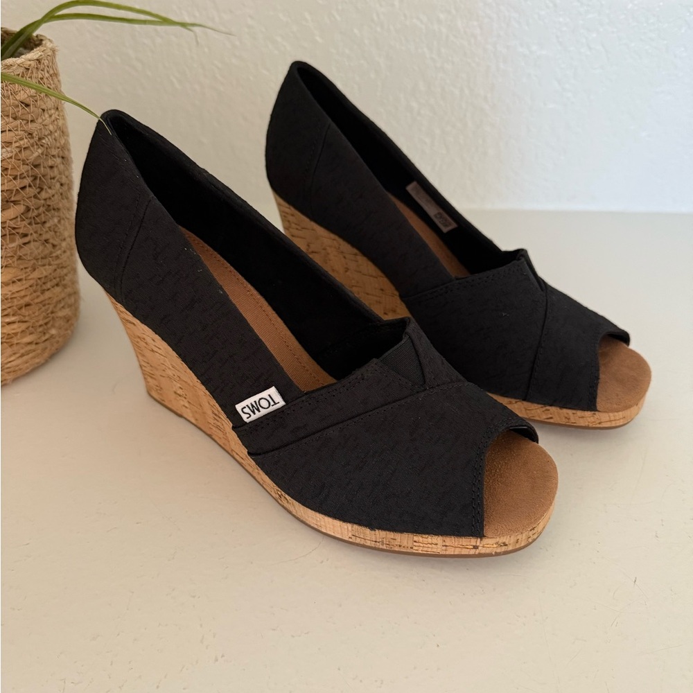 TOMS Black Open Toe Wedge Shoes